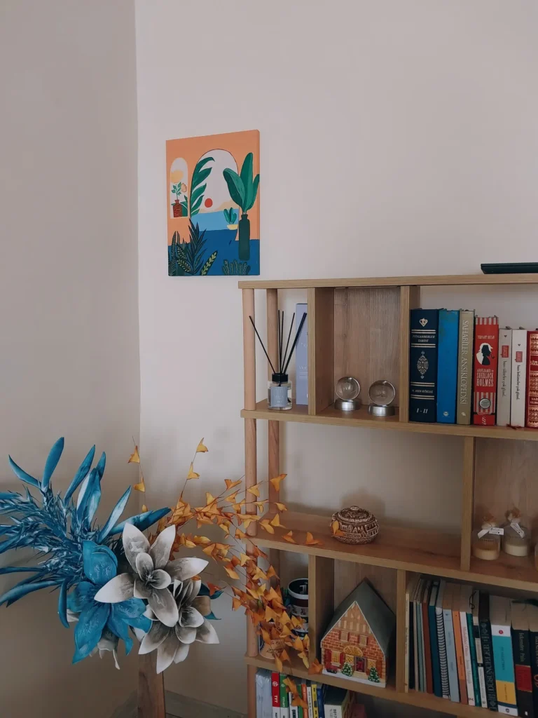 Low wooden bookshelf with books and decor