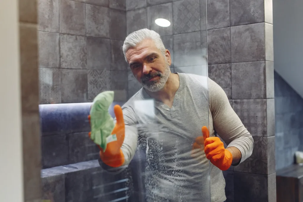 Man cleaning a shower screen