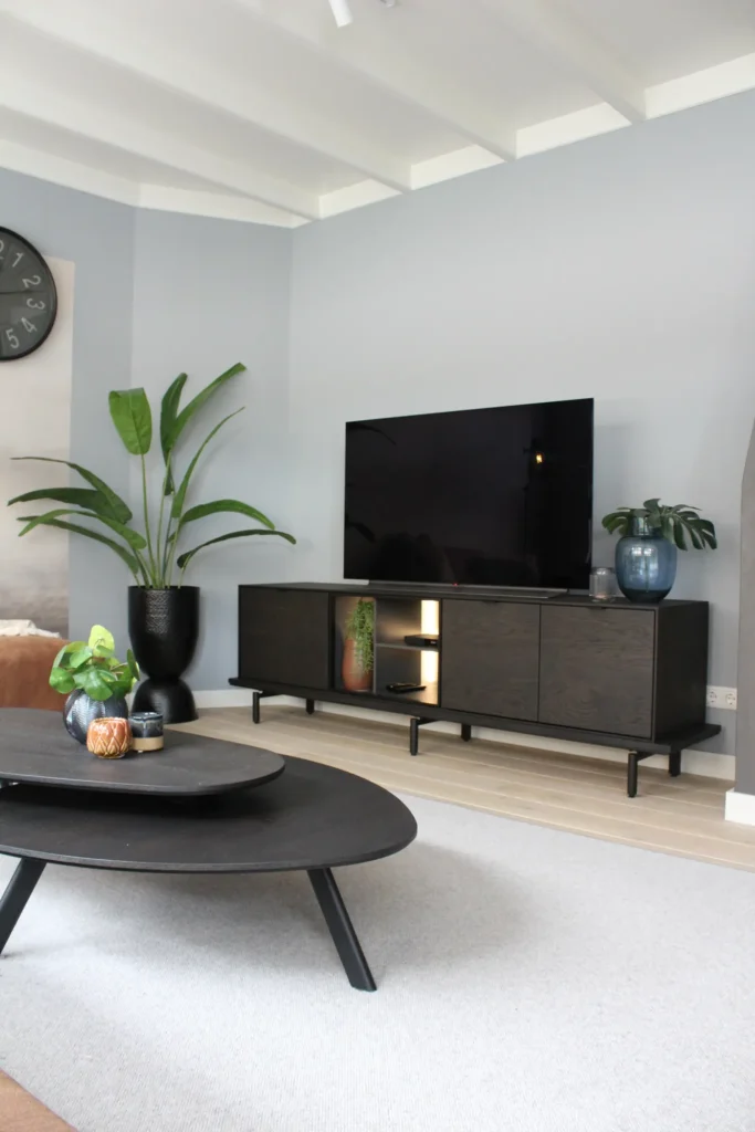 Dark TV stand with a TV in a bright living room