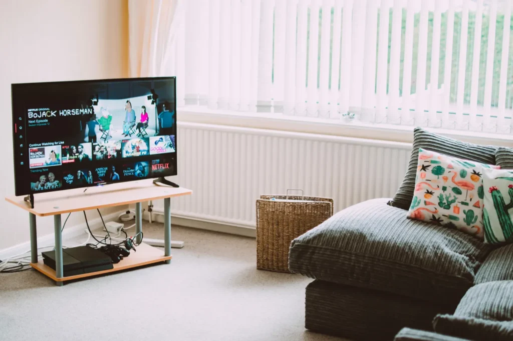 TV on a stand beside a sofa with cushions