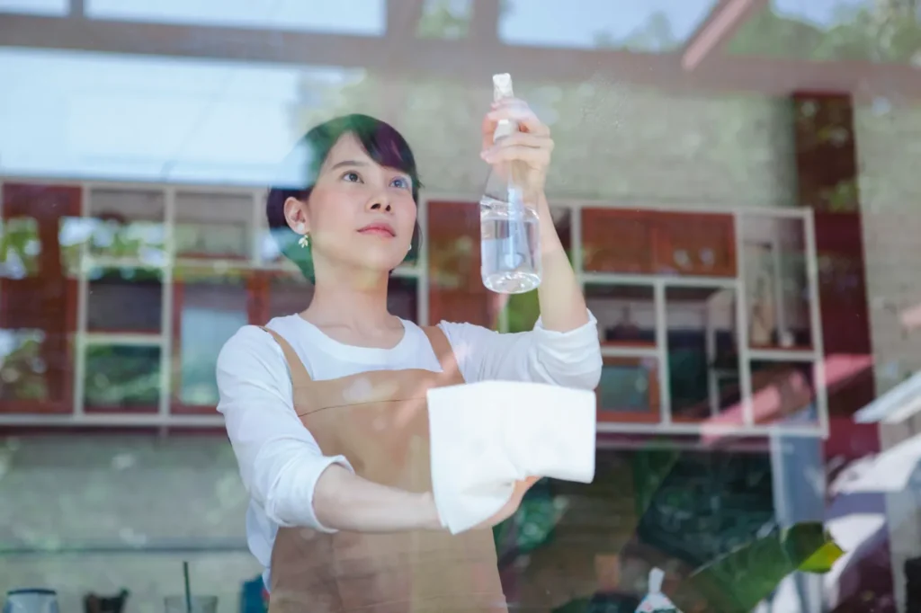Woman cleaning with a spray bottle and cloth