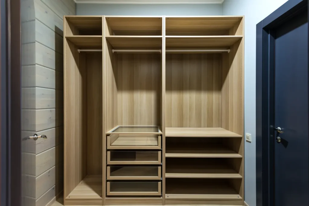 Open wooden wardrobe frame with shelves and drawers